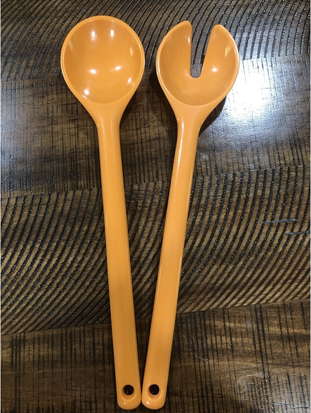 Vintage 70s Orange Melamine Salad Servers Set Spoon Fork Retro MCM Kitchenware